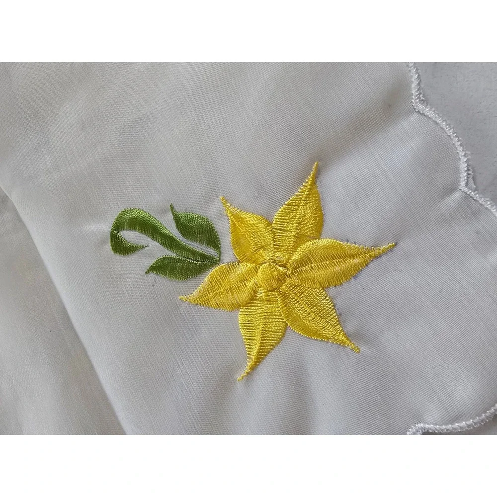 Vintage Style White Embroidered Floral Scalloped Hankies Napkins Set of 6 Multi
